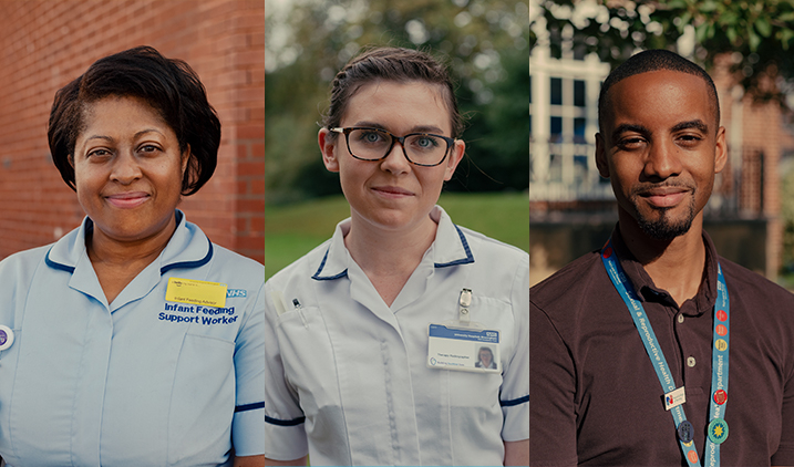 three nhs staff looking at camera in a split screen