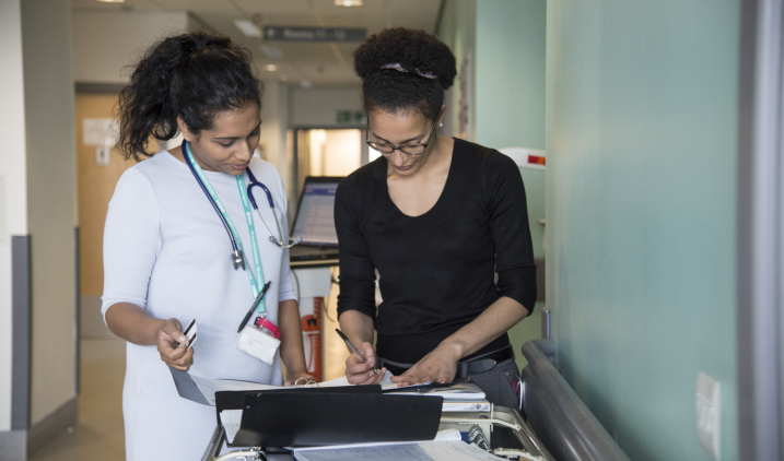 Two female doctors consulting notes Two female doctors consulting notes