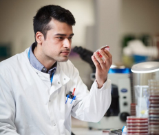 biomedical scientist looking an sample